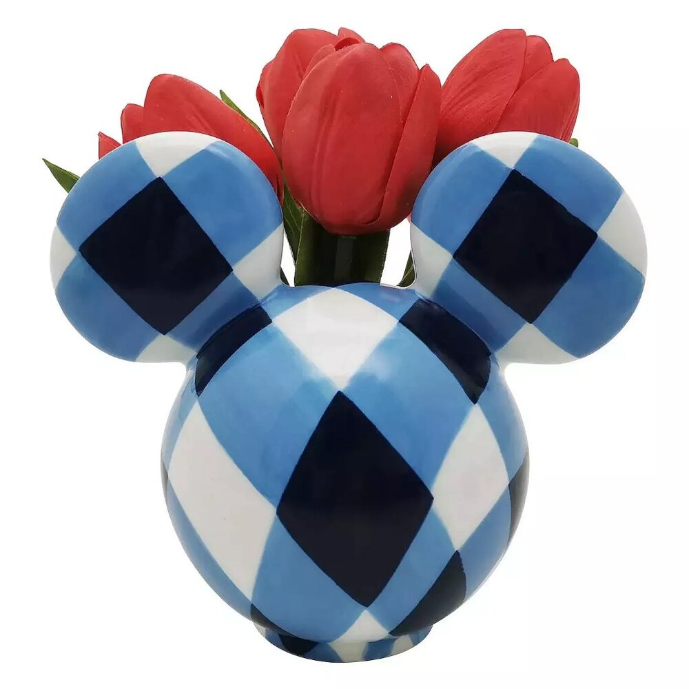 Mickey Mouse Ceramic Gingham Blue Vase Faux Flowers Disney Store Home